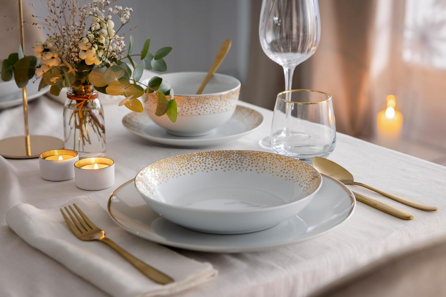 Kombiservice Geschirr DUSTY GOLD 30teilig für 6 Personen/Christmas Gold - festliche Golddekoration/Porzellan runde Form/Waterside England by Retsch Arzberg