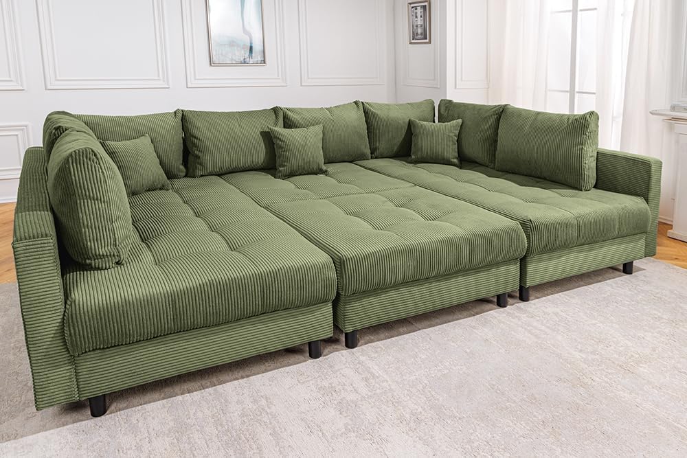 Riess Ambiente Moderne XXL Wohnlandschaft Kent - 305cm - grün Cord - Bigsofa inkl. Hocker mit Federkern Couch