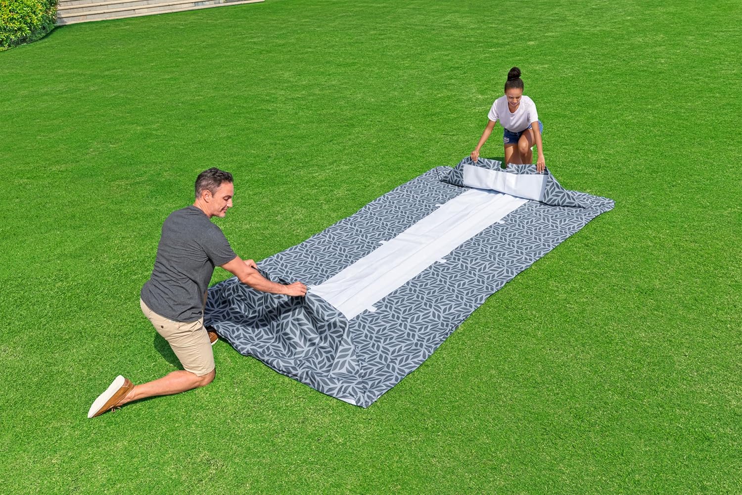 Bestway Steel Pro Frame Pool Set mit Filterpumpe 366 x 201 x 66 cm, Blattform-Design, eckig