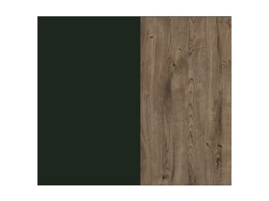 Chambre à coucher ASSIA : Armoire 200cm, Lit 160x200, commode, chevets. Coloris vert kaki et chêne.