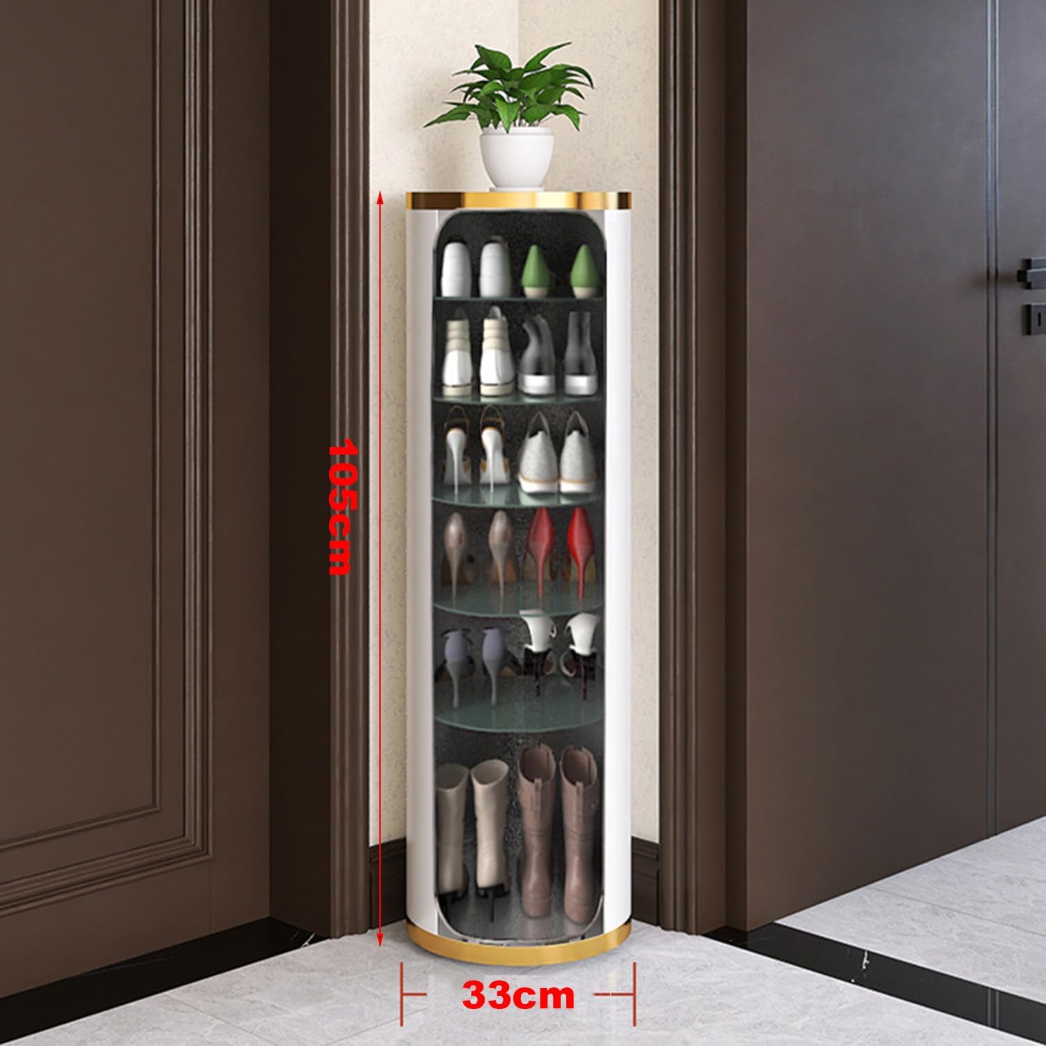 Generisch 360° drehbarer Schuhschrank für den Eingangsbereich mit offenen Regalen, moderner freistehender Schuhregal-Turm, vertikaler runder Schuh-Organizer, Aufbewahrung weiß