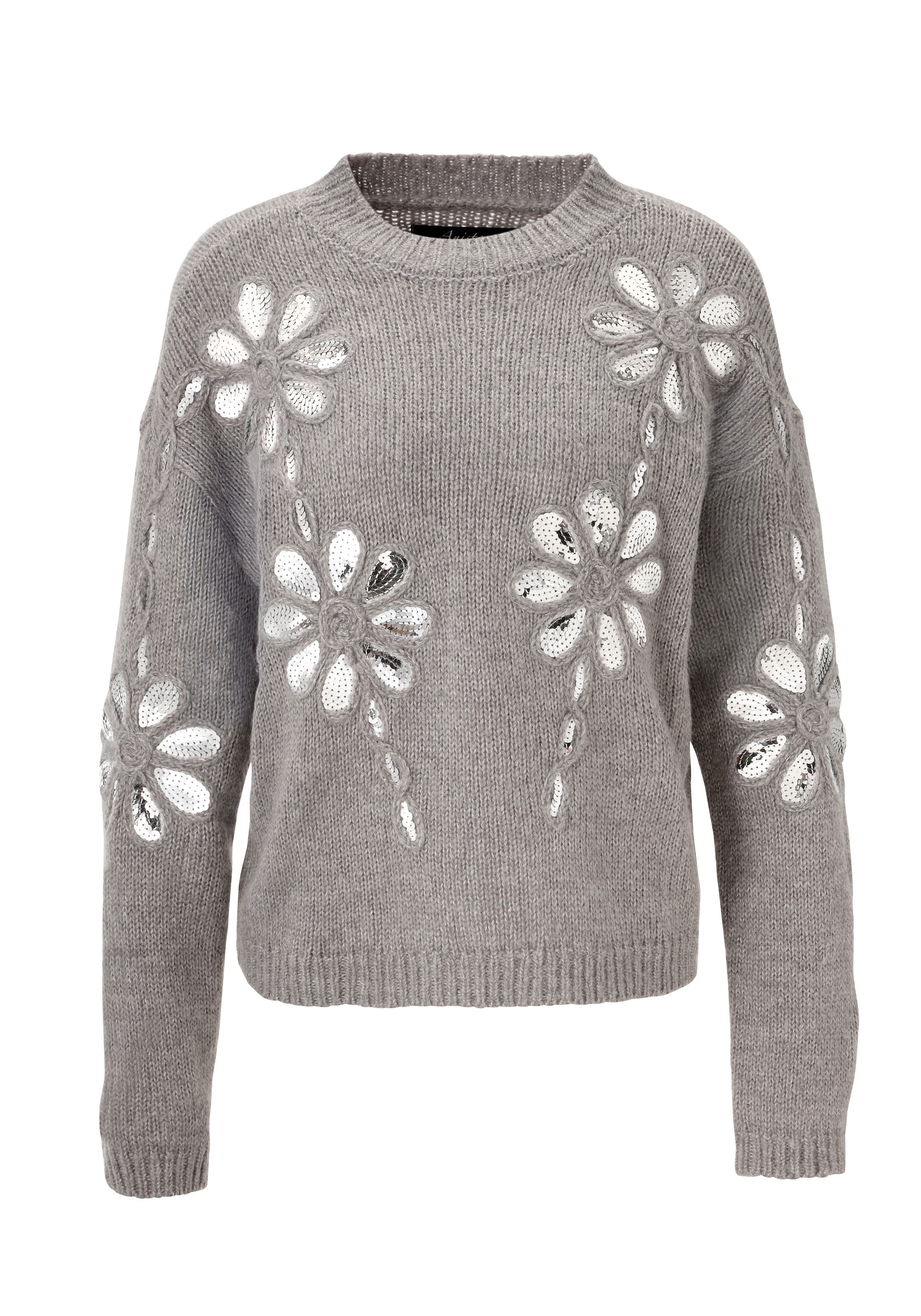 Aniston CASUAL Strickpullover , mit Pailletten verzierte Blüten-Applikationen - NEUE KOLLEKTION