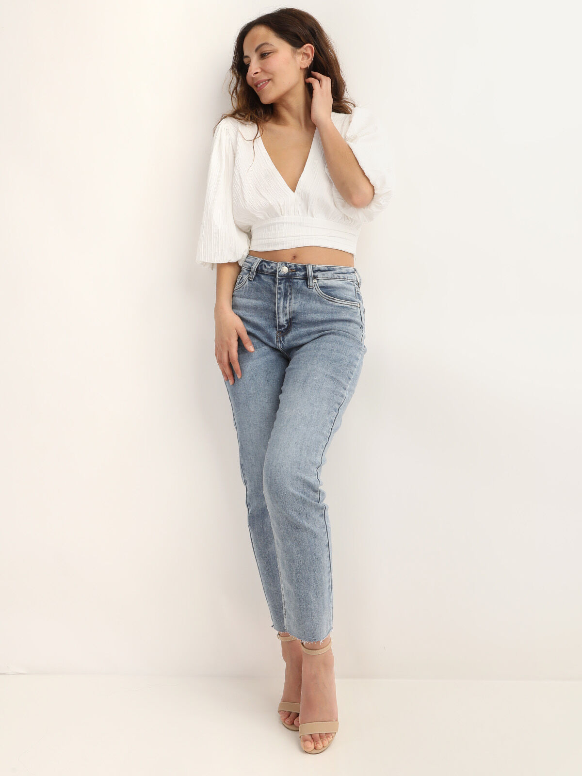 Crop Top plissé à manches ballons- Blanc