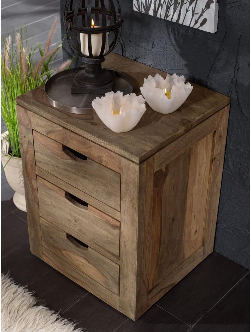 Massivmoebel24.de | Nature Grey massiver Rollcontainer #714 - Grau, geölt | aus Sheesham-Holz | 3 Schubladen - rollbar | 45x40x60cm | Schreibtisch-Schrank Container Beistellschrank