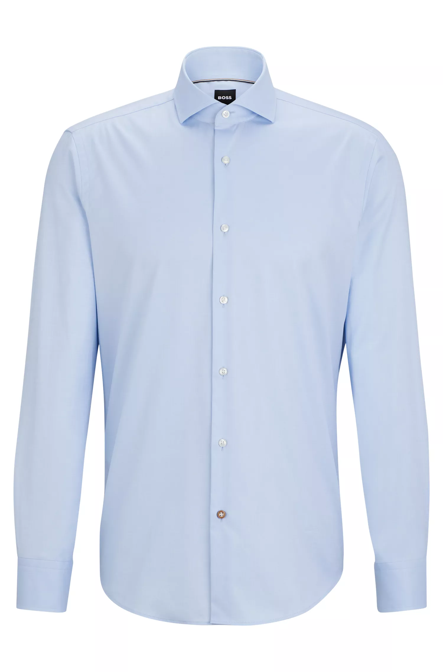 Camisa BOSS preta de corte regular em sarja de algodão com elastano.