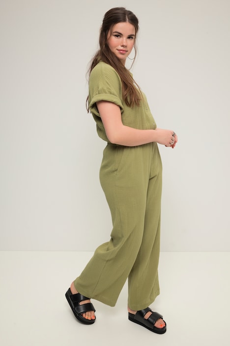Jumpsuit, Musselin, elastische Taille, Halbarm, weites Bein