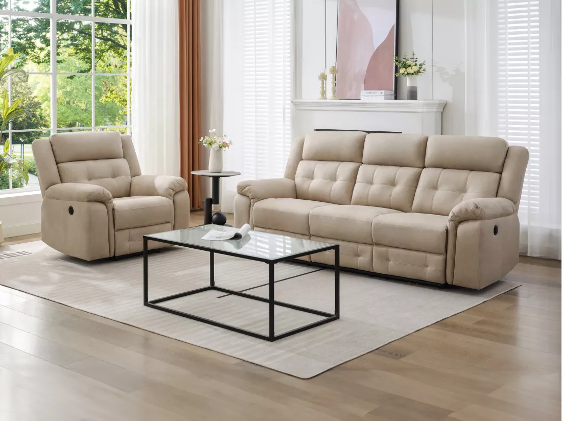 Canapé 3 places relax électrique en microfibre beige ORTIANO