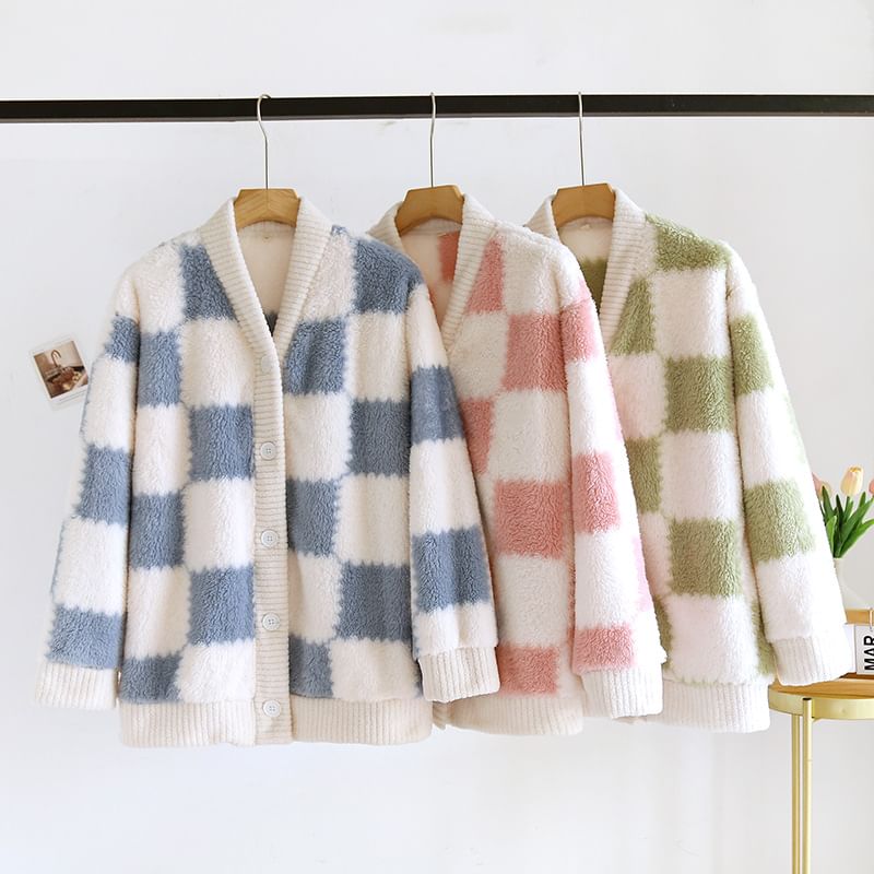 Somnus - V-hals geruite koraalfleece pyjamatop met knoopjes