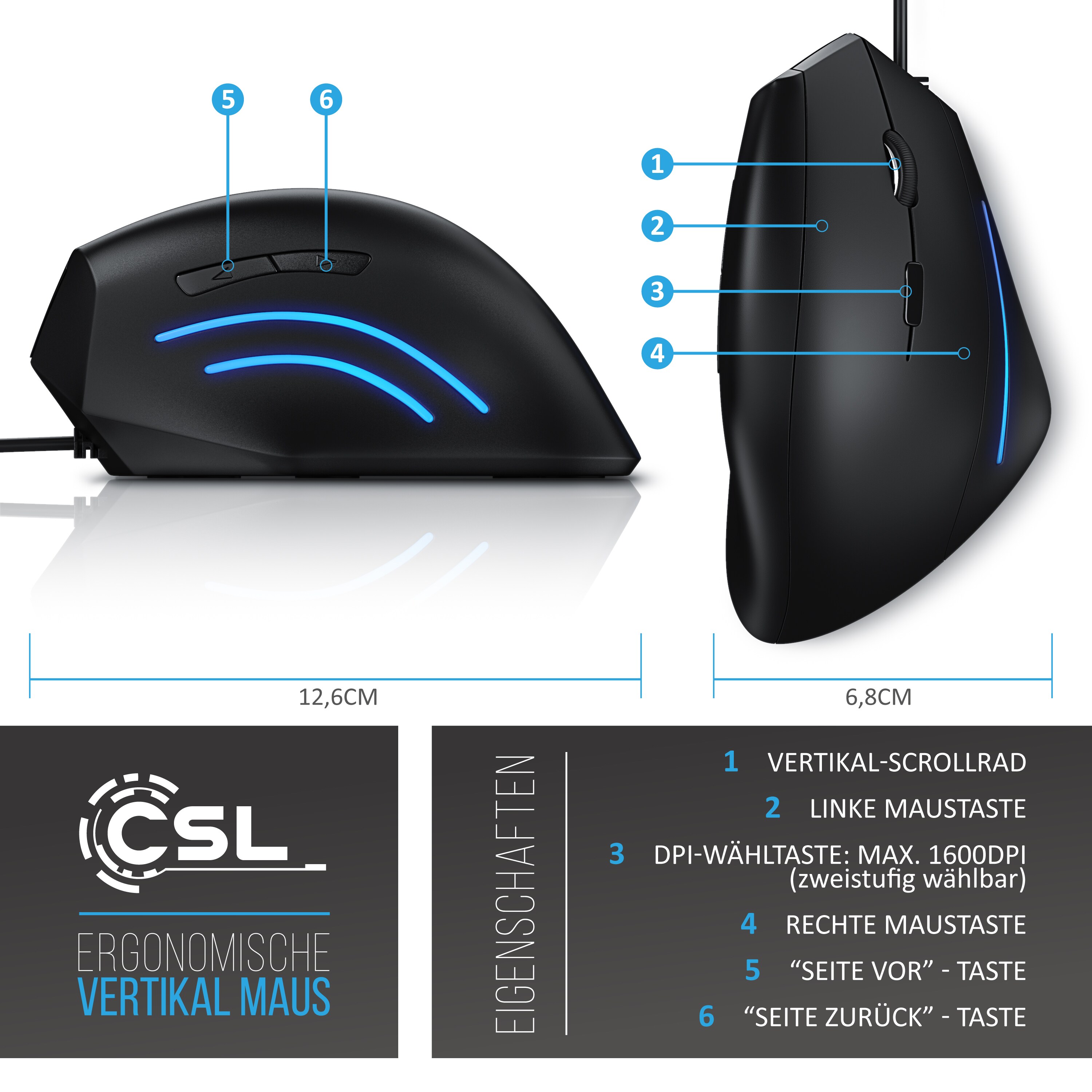 CSL ergonomische Maus, kabelgebunden, ergonomische Vertikalmaus zur Vorbeugung von Maus-/Tennisarm