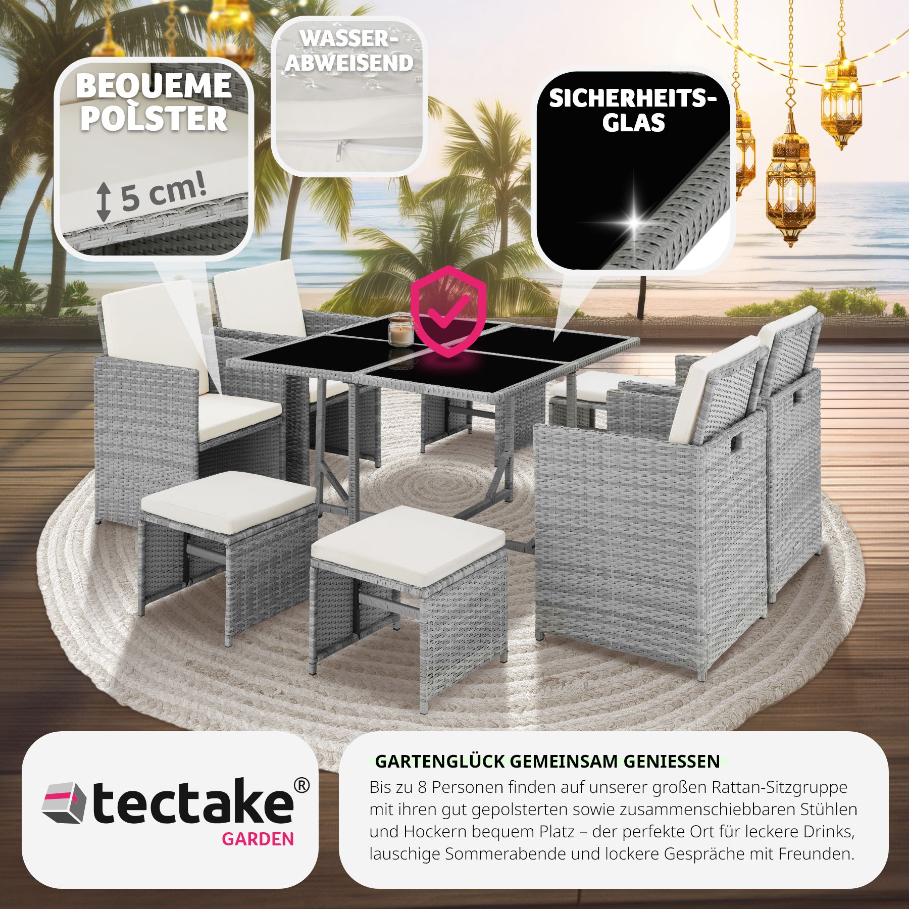 tectake® Rattan Sitzgruppe, für 4 bis 8 Personen, UV-beständig, zusammenschiebbar, inklusive Schutzhülle