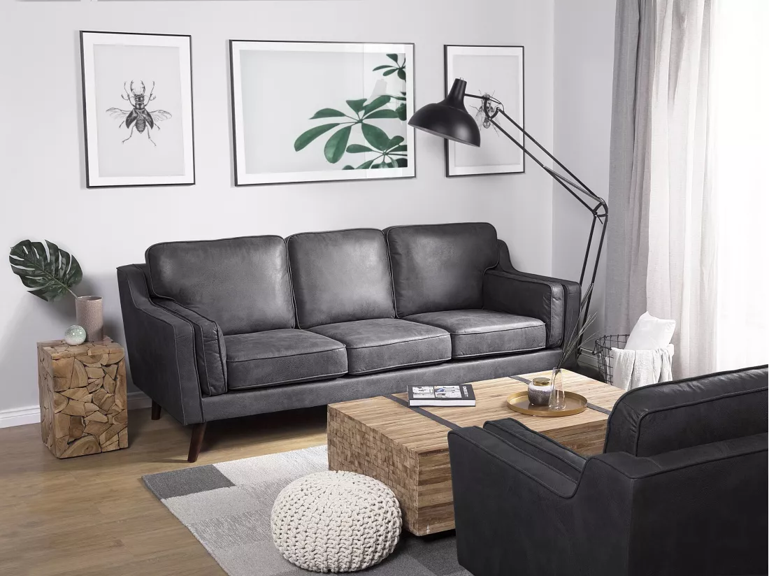 Canapé 3 places en cuir PU gris LOKKA