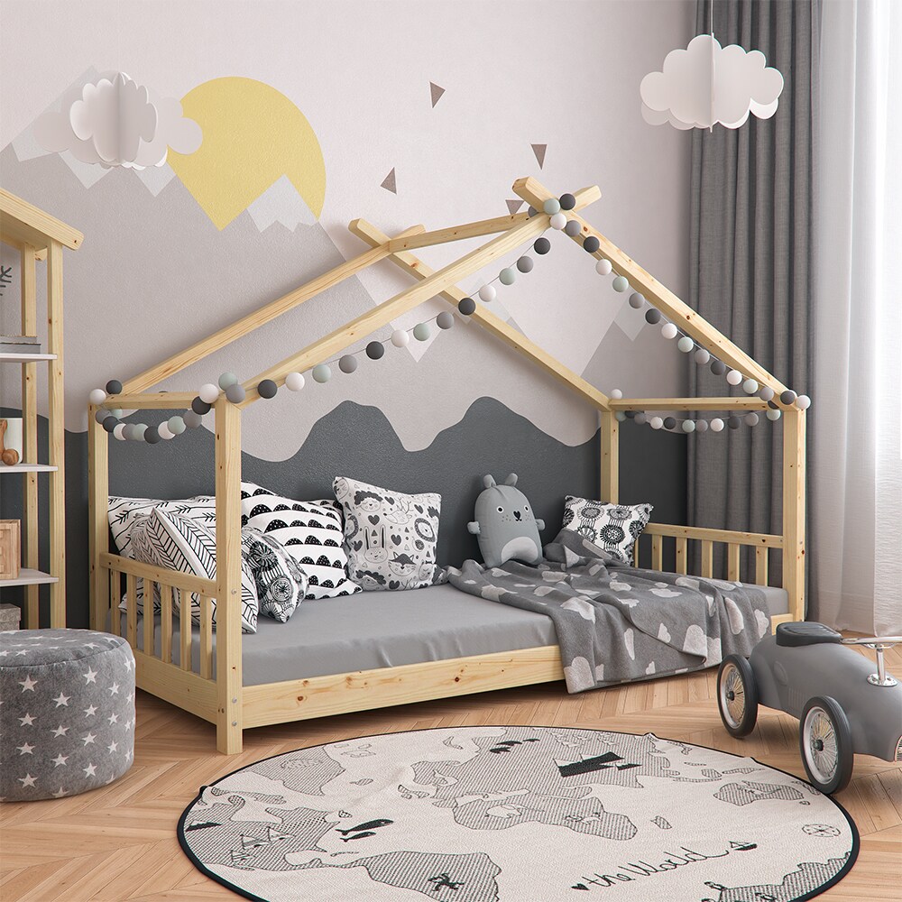 VitaliSpa Design Kinderbett Hausbett Natur Kinderhaus Holzbett 90x200 Massivholz