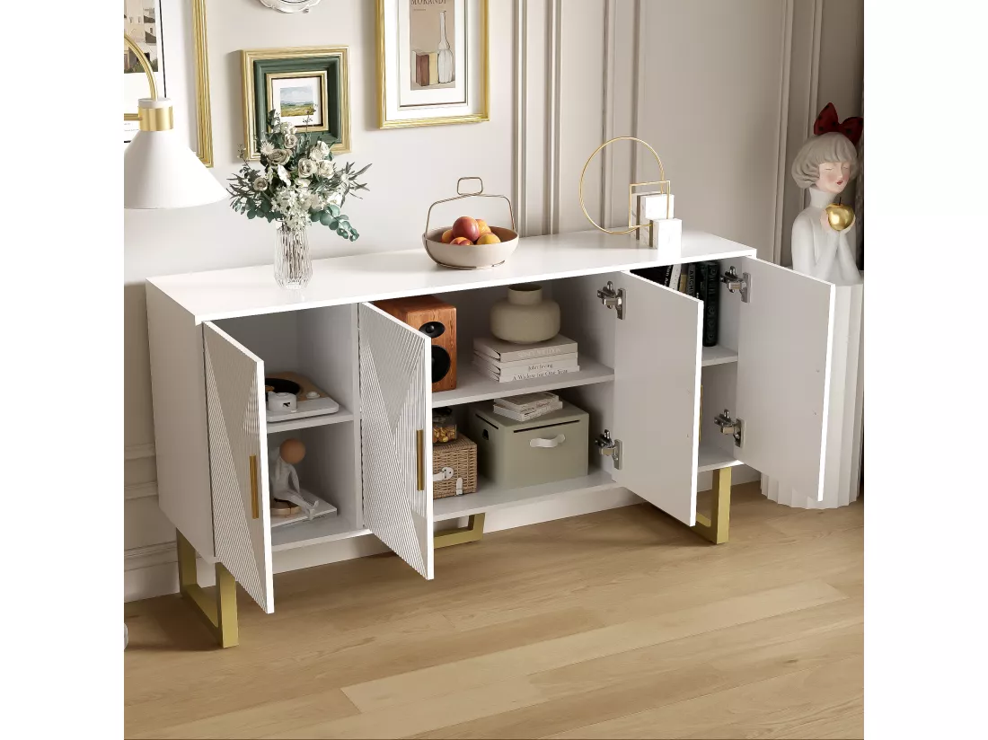 Buffet avec 4 portes - 150 x 40 x 82 cm - MDF, panneaux de particules et métal - Blanc et or