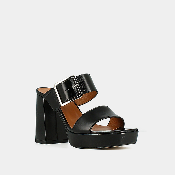 Mules à talons et boucles  en cuir vieilli noir