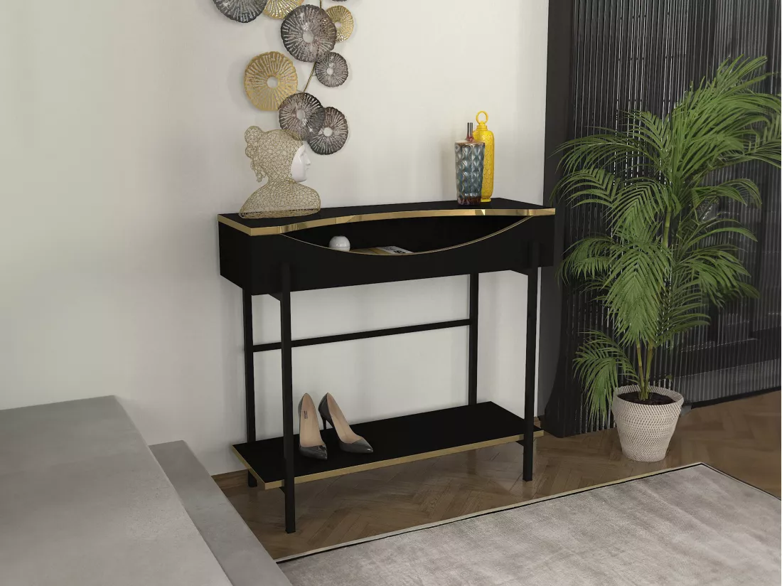 Console avec 1 étagère et 1 niche - Noir et Doré - MERIOVA