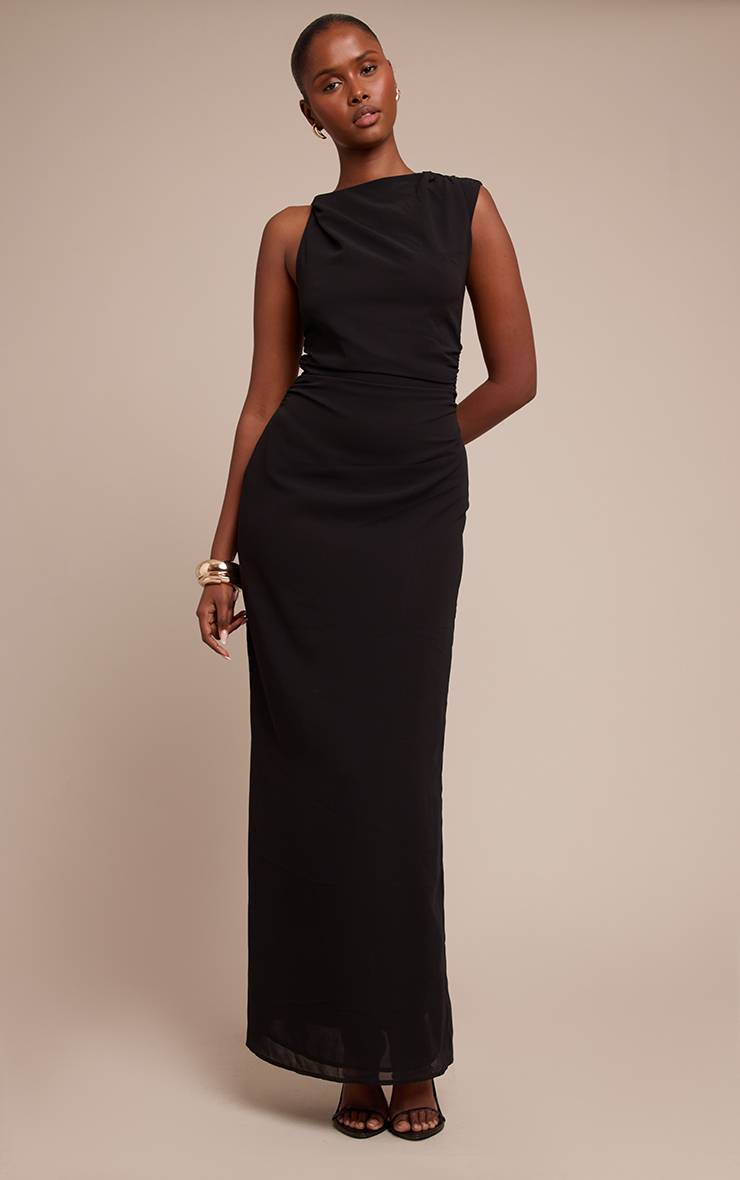 Noir Robe Longue En Mousseline Froncée