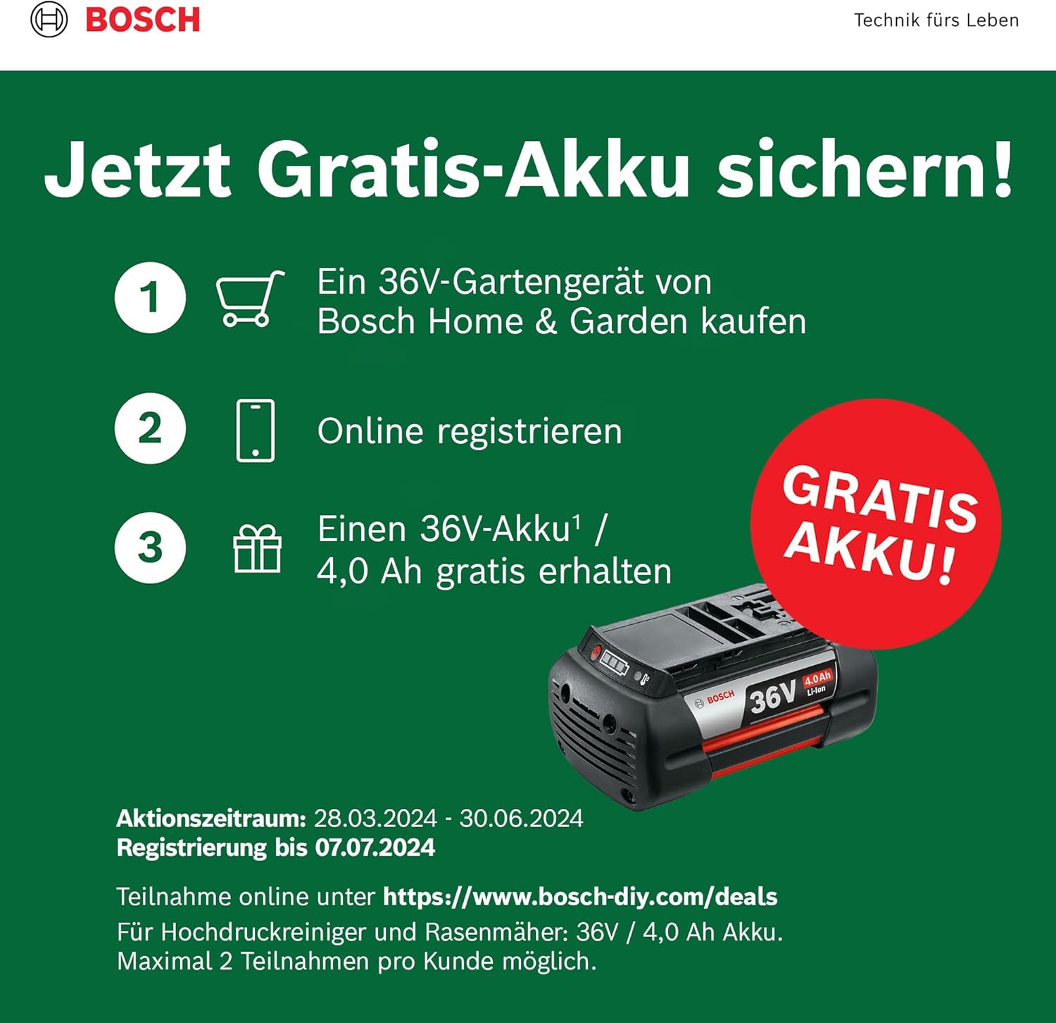 Bosch leistungsstarker Akku-Rasenmäher AdvancedRotak 36V-44-750 (zum Rasenmähen; 36-Volt-System; Schnittbreite: 44 cm; Set, mit 1x 4.0 Ah- Akku und Ladegerät)