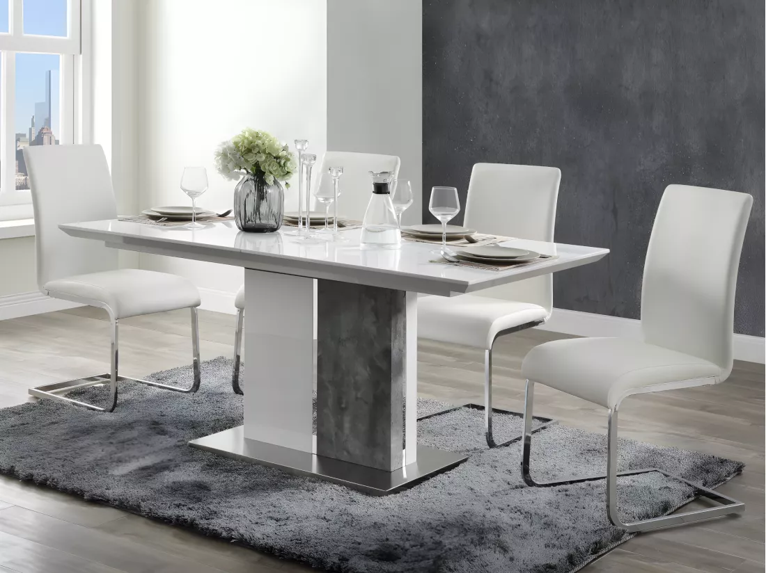 Table à manger extensible - 6 à 8 personnes - MDF - Coloris : Blanc laqué et béton - EREN