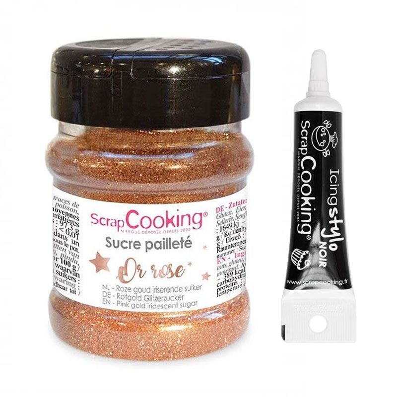 Sucre pailleté or rose 160 g + Stylo de glaçage noir Scrapcooking