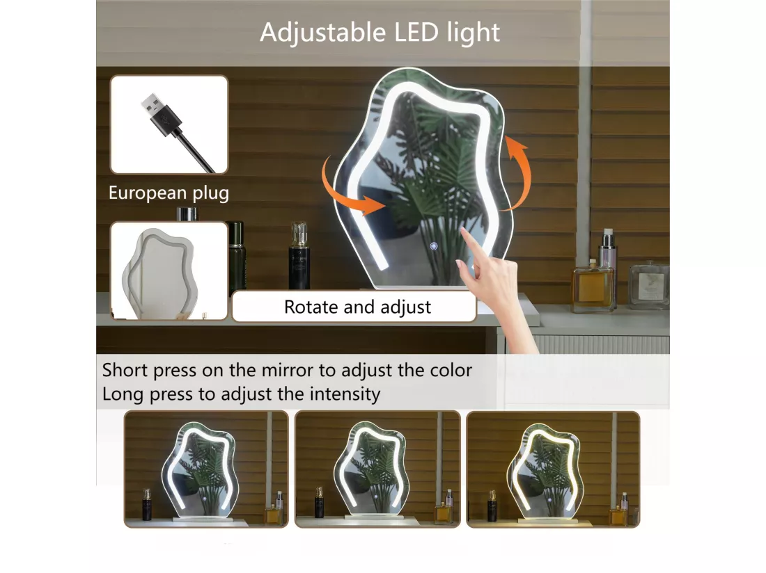 Coiffeuse pivotante escamotable avec miroir à LED - 4 tiroirs et 3 compartiments - Blanc (tabouret non inclus)