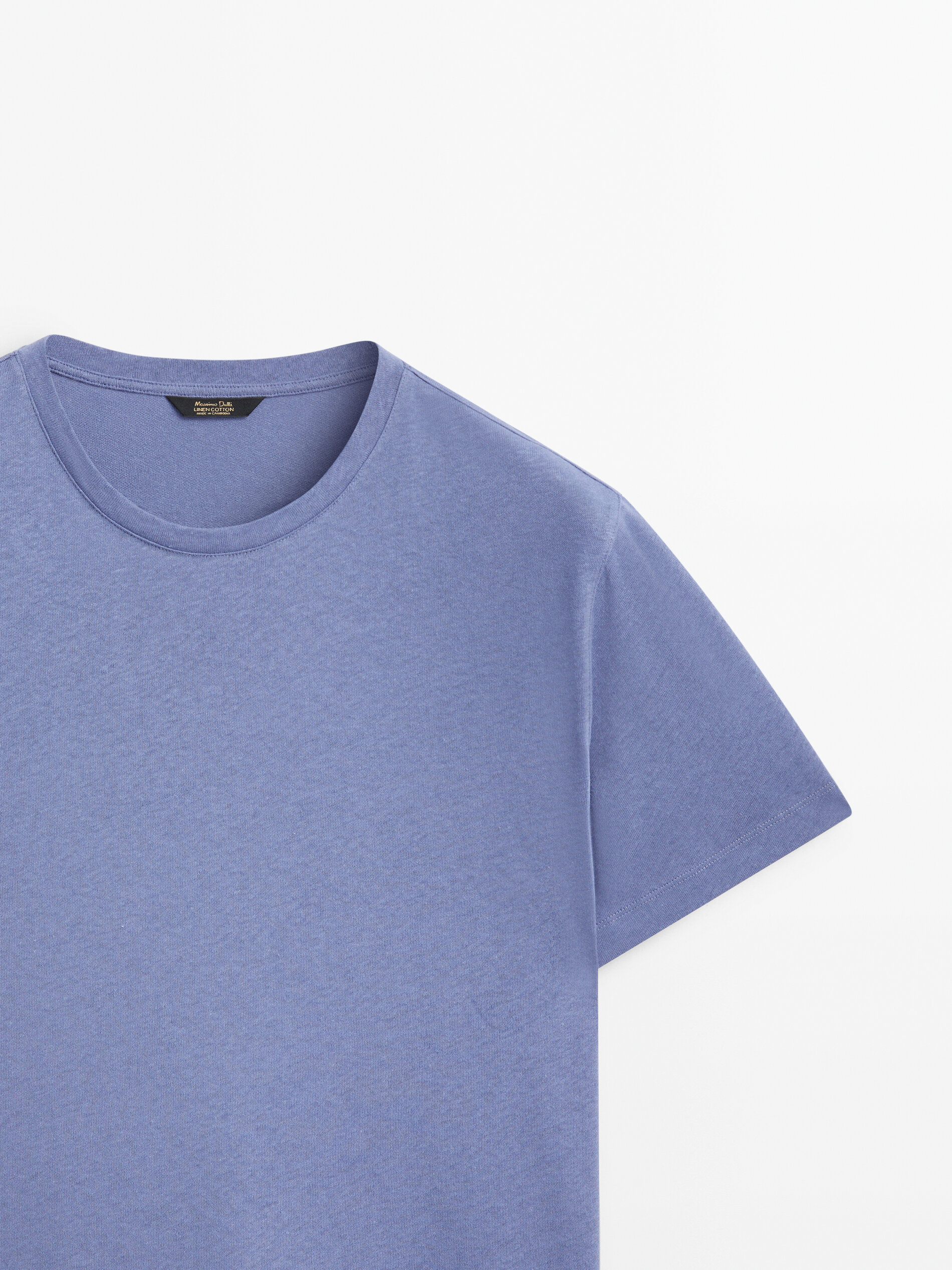 Camiseta de manga curta em mistura de linho e algodão - AZUL ESCURO