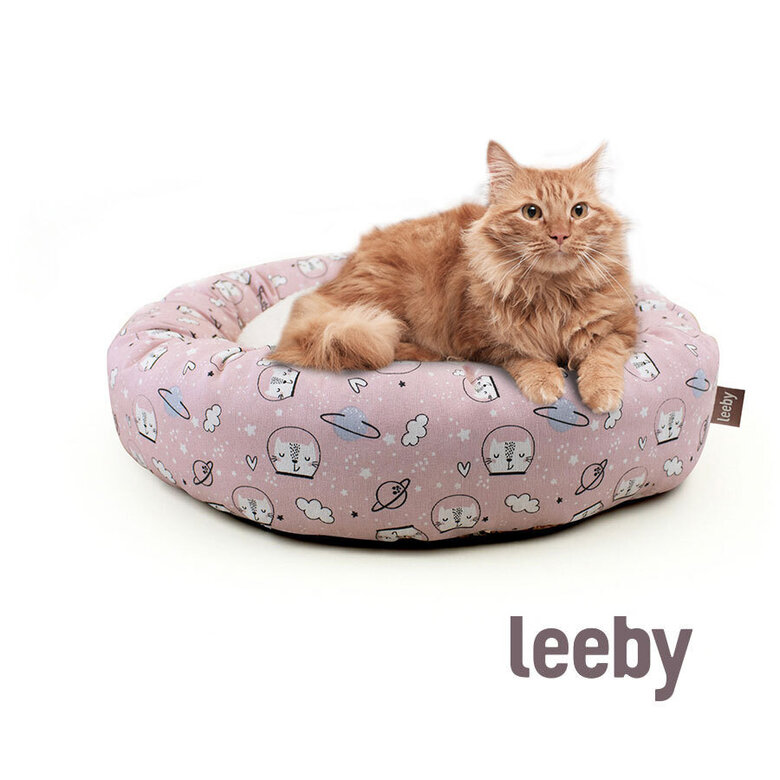 Cama em formato de donut com estampa de quadrinhos antiderrapante da Leeby para gatos, rosa.