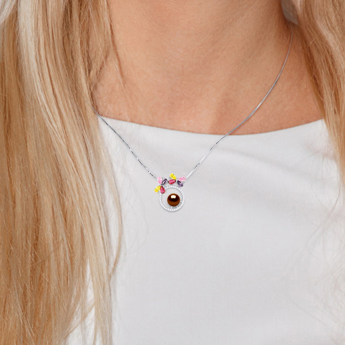 Collier PAPILLONS Perle d'Eau Douce Ronde 8-9 mm Chocolat Argent 925