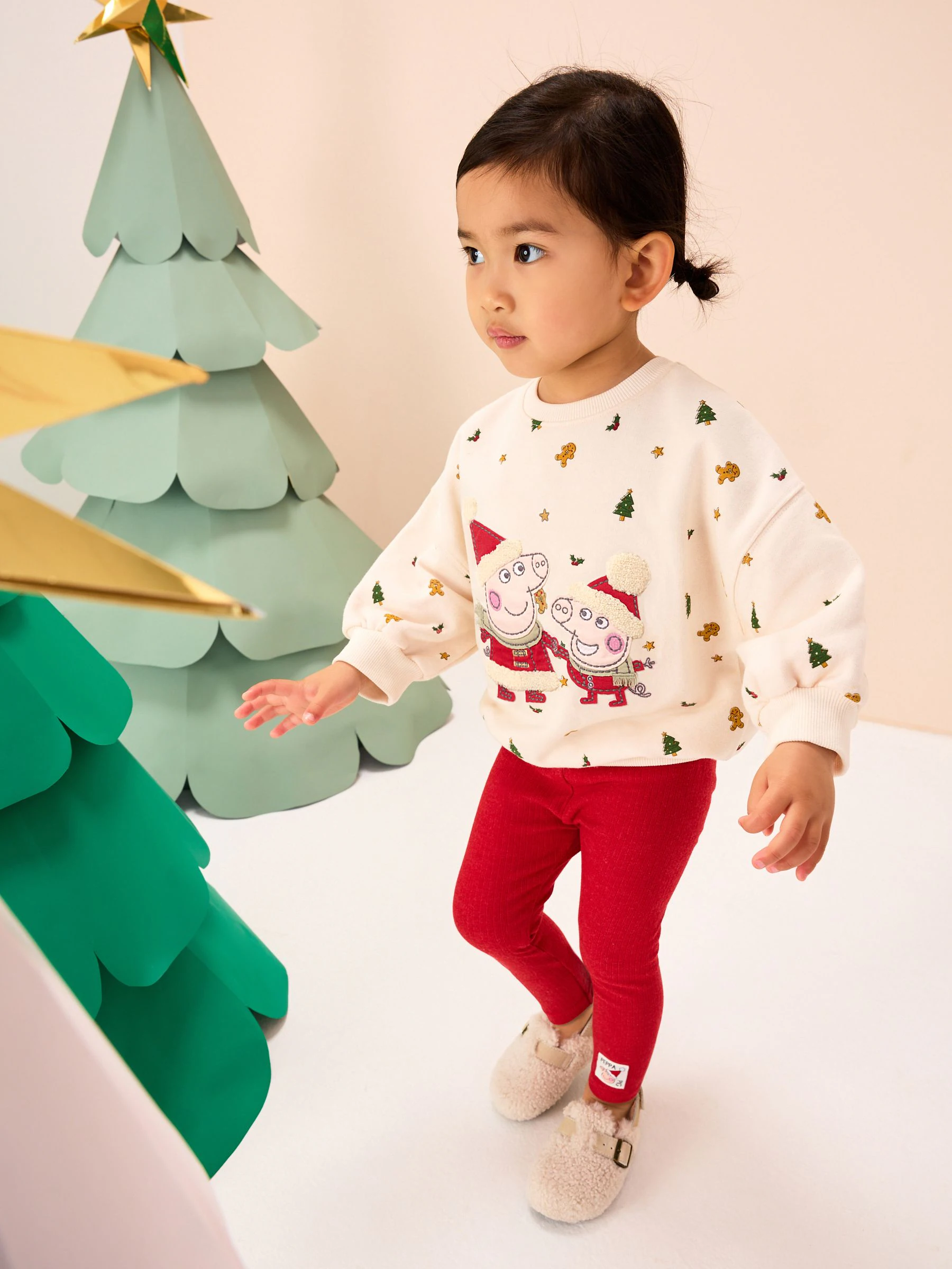 Crème/Rood Kerstmis - Peppa Pig set met sweatshirt met ronde hals en legging (3mnd -7jr)
