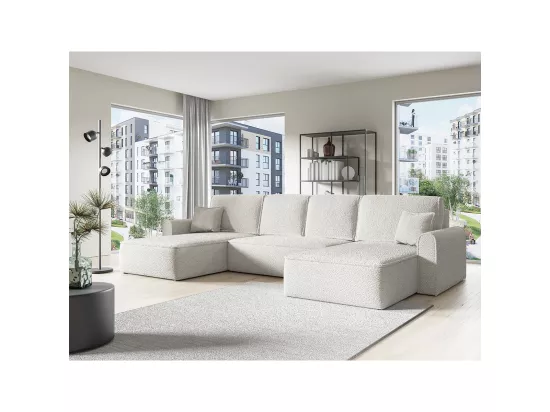 Canapé U 5 places convertible coffre Valentin bouclé Blanc