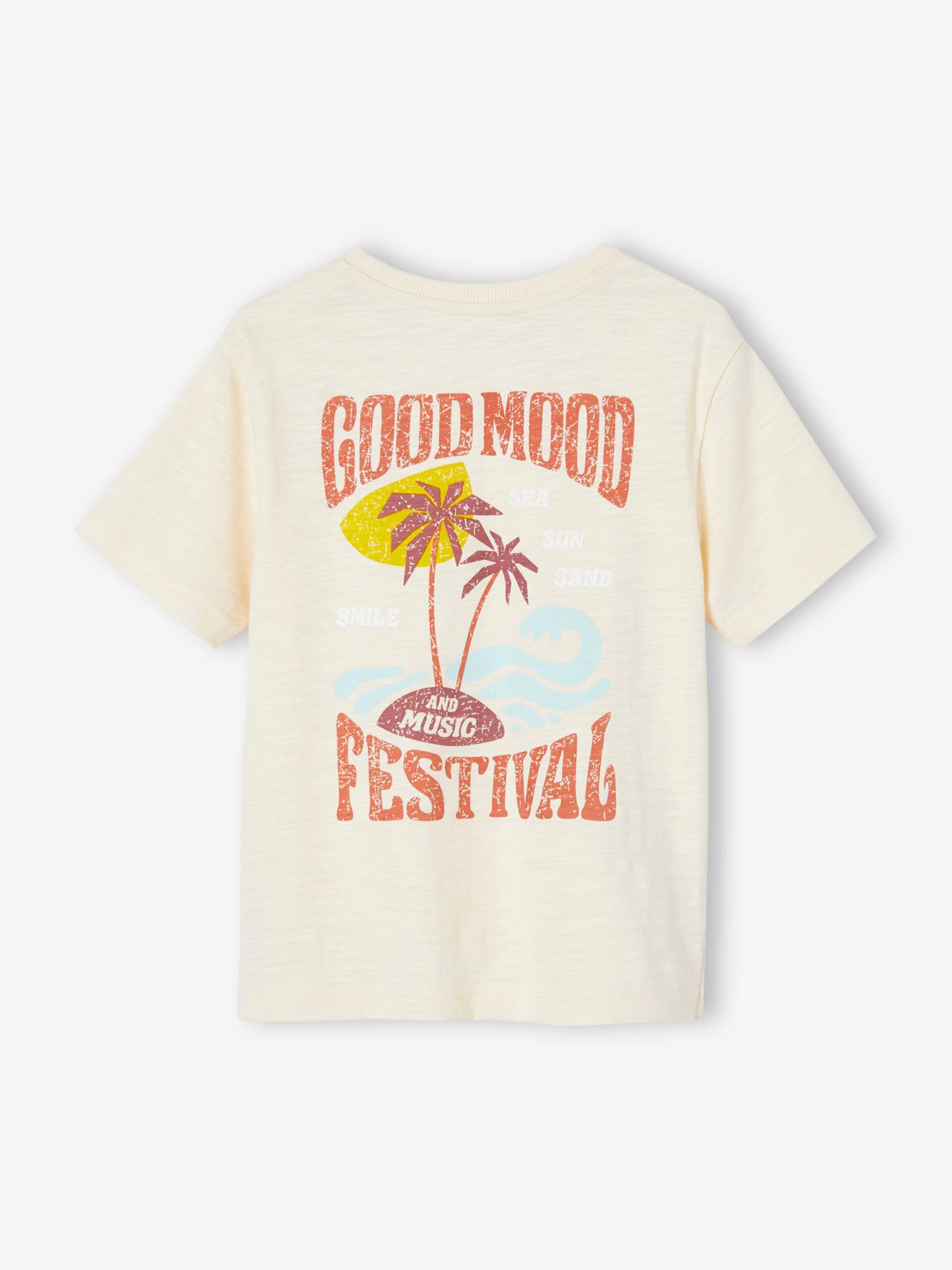 Camiseta infantil masculina na cor off-white com estampa gigante de palmeira nas costas.