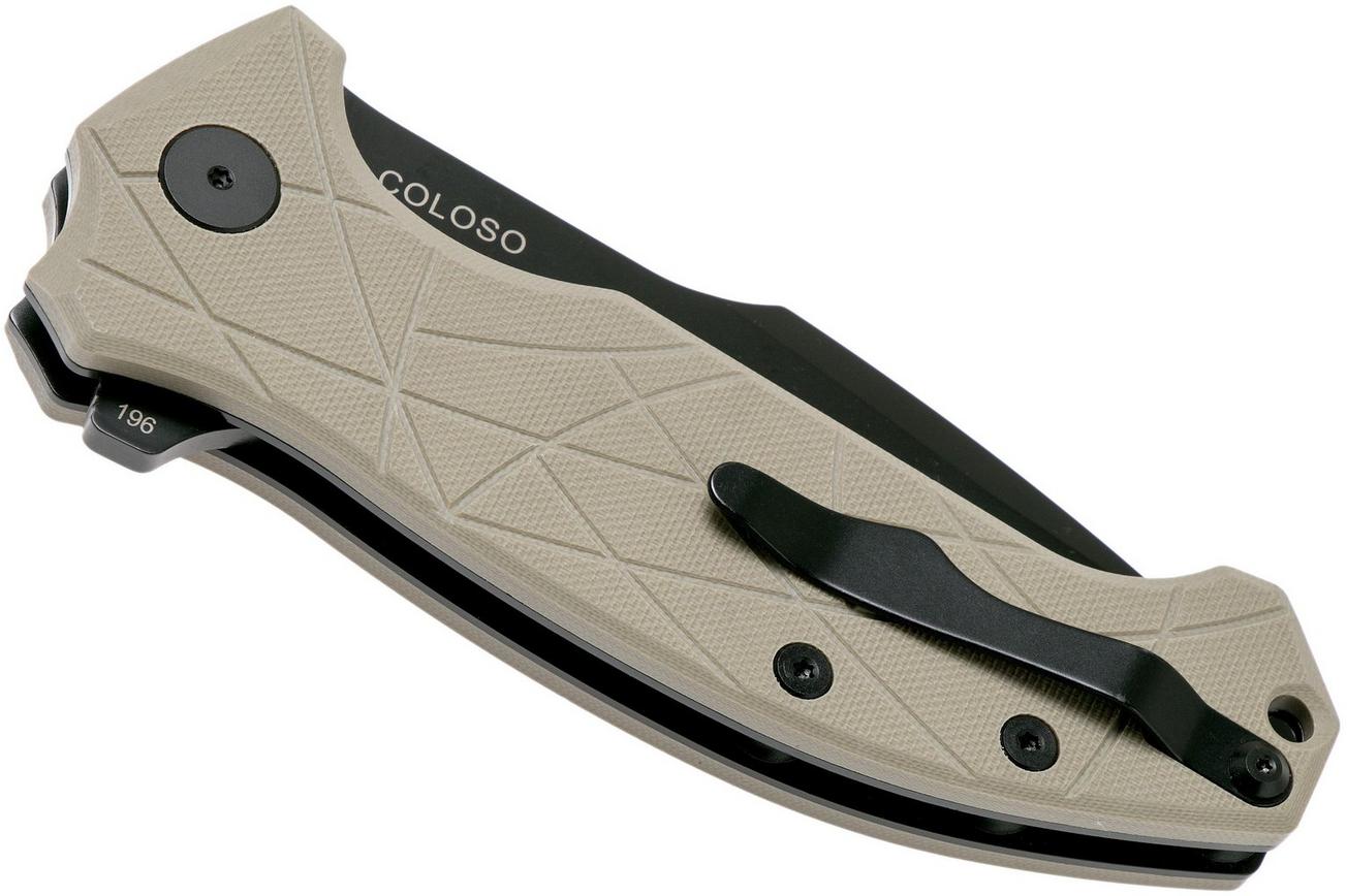 Amare Knives Coloso, tan G10, black blade, zakmes