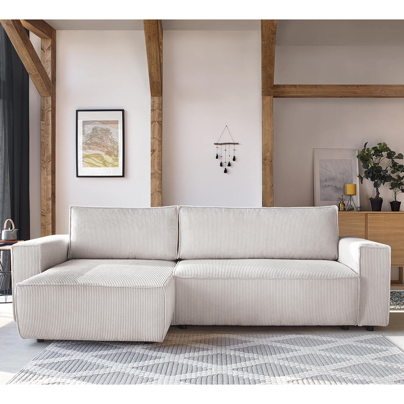 Bobochic Canapé d'angle convertible reversible Nihad en velours côtelé beige - 282x153 cm
