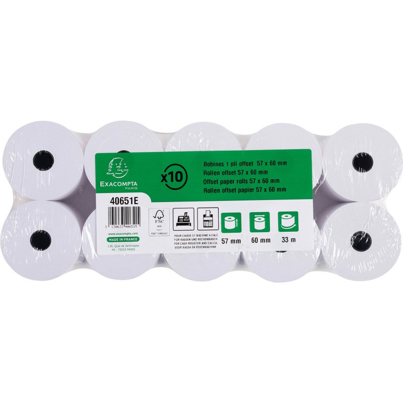 Bobines Caisses, Calculatrices Exacompta 40651E - l 57 mm x L 30 m, Ø 60 mm - 1 pli(s) - paquet de 10