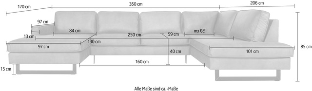 Home affaire Wohnlandschaft »Pinto, 350 cm, U-Form, XXL, mit Ottomanen« Cord, Chenille, Lederoptik, mit Keder, Metallfüsse, Wellenunterfederung