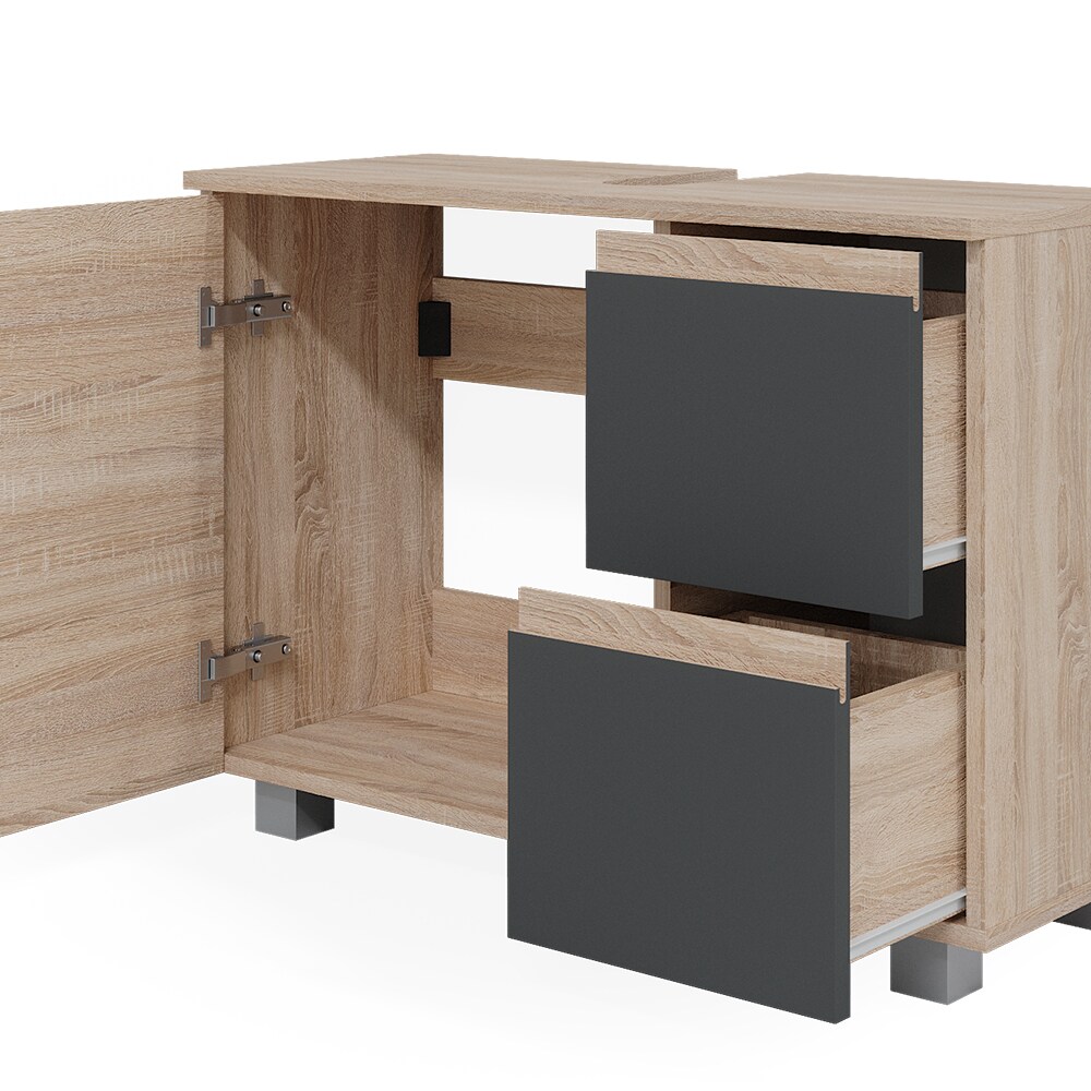 Vicco Waschtischunterschrank Waschbeckenunterschrank Badschrank J-shape Sonoma Anthrazit modern 80x61cm Badezimmer Schrank Badmöbel Schranktür Schrankschublade Aufbewahrung