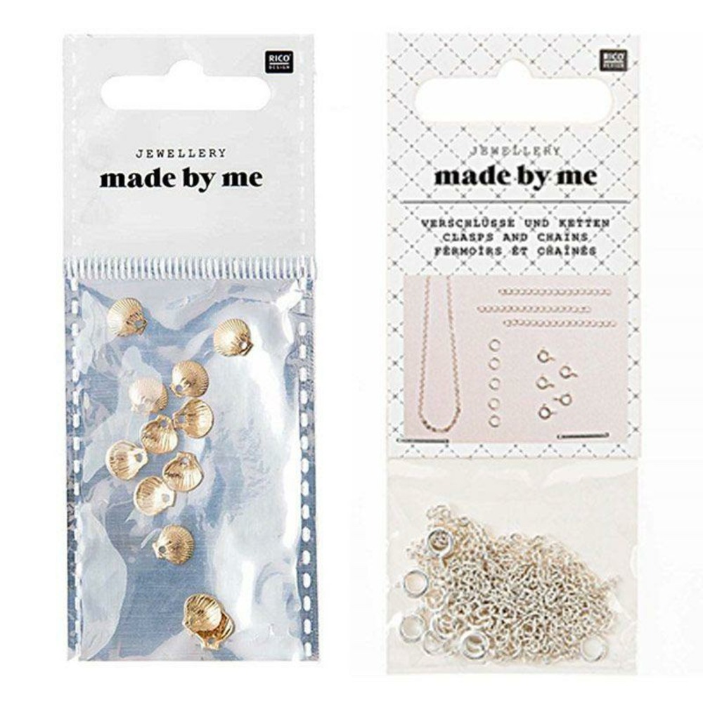12 mini perles coquillages dorées + fermoirs fins et chaînes argentés
