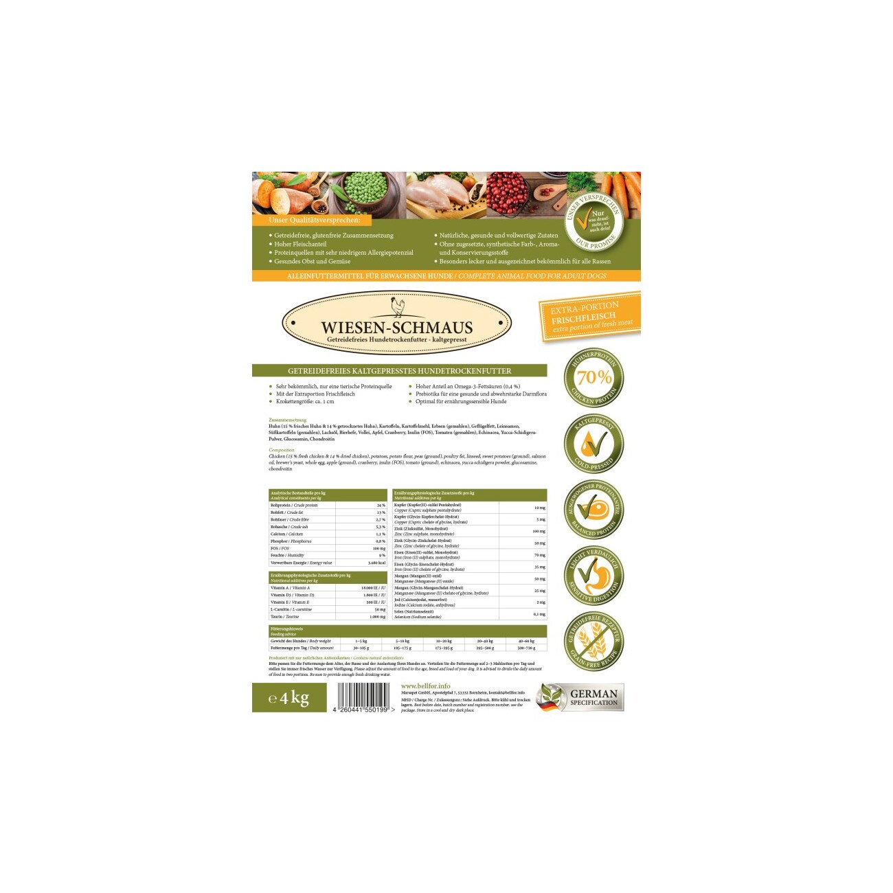 Bellfor Sparset für Windhunde: Wiesen-Schmaus 4 kg + Gelenke und Knochen Complete-Snack 150g + Fitness Pulver 80g