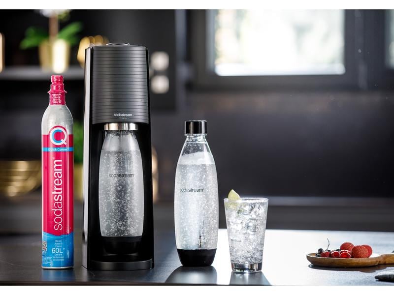Sodastream Wassersprudler Terra Schwarz Wassersprudler mit Fuse Kunststoffflasche und Quick Connect Zylinder
