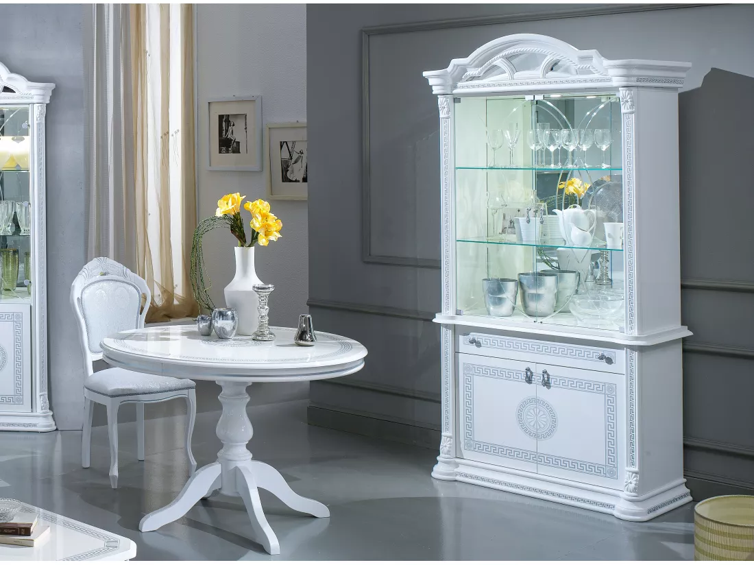 Vitrine 4 portes 1 tiroir bois vernis laqué brillant blanc et gris Venus 105cm
