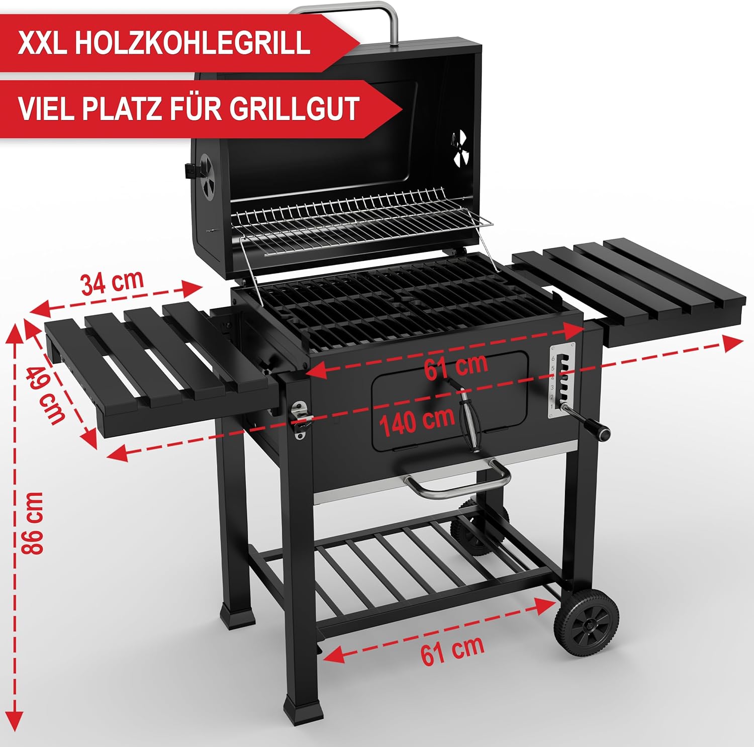Holzkohlegrill mit Grillrost aus Gusseisen – PLUS Abdeckung - XXL BBQ Grill mit Deckel – mobiler Grillwagen mit klappbaren Ablagen – Grillrostverstellung –Thermometer – Flaschenöffner