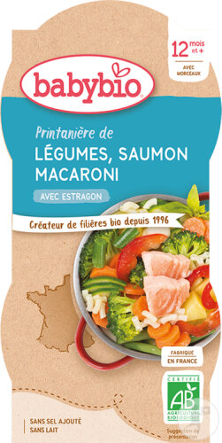 Babybio Printanière De Légumes Saumon Macaroni Estragon Bébés 12+ Mois 2x200g
