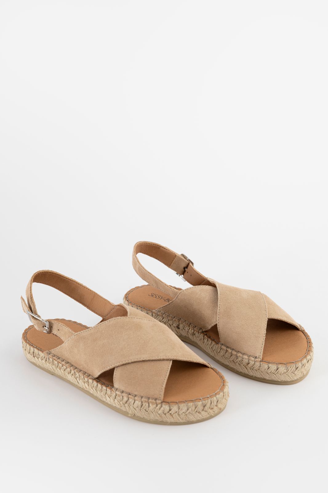 Beige suède sandalen met espadrille zool