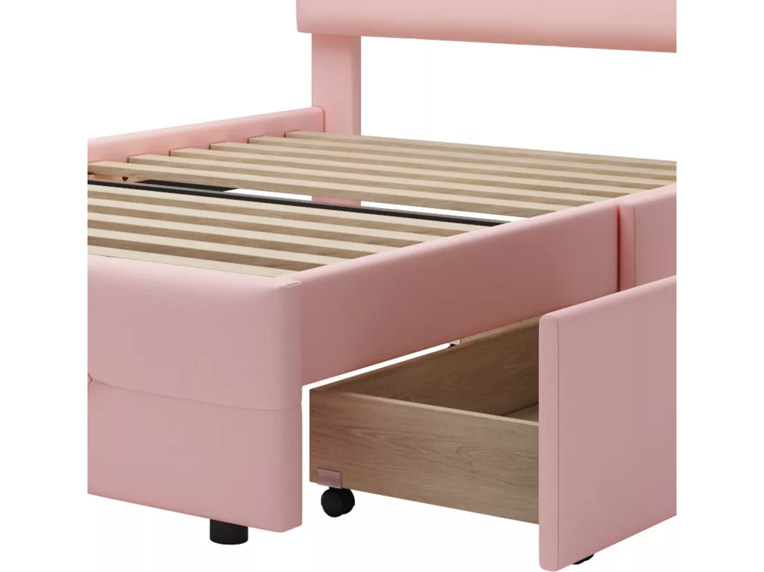 Lit simple 90x200cm en tissu de lin avec LED et 2 tiroirs - Rose
