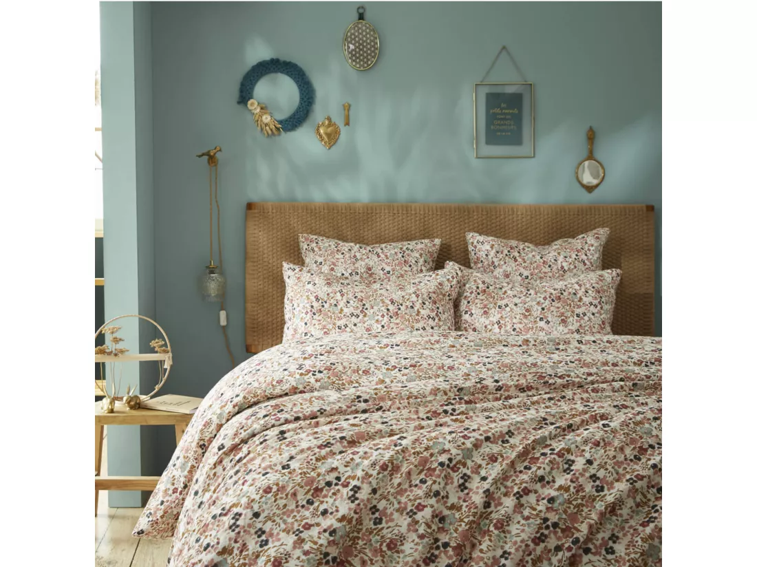 Parure de lit gaze de coton imprimé floral 240x220 rose