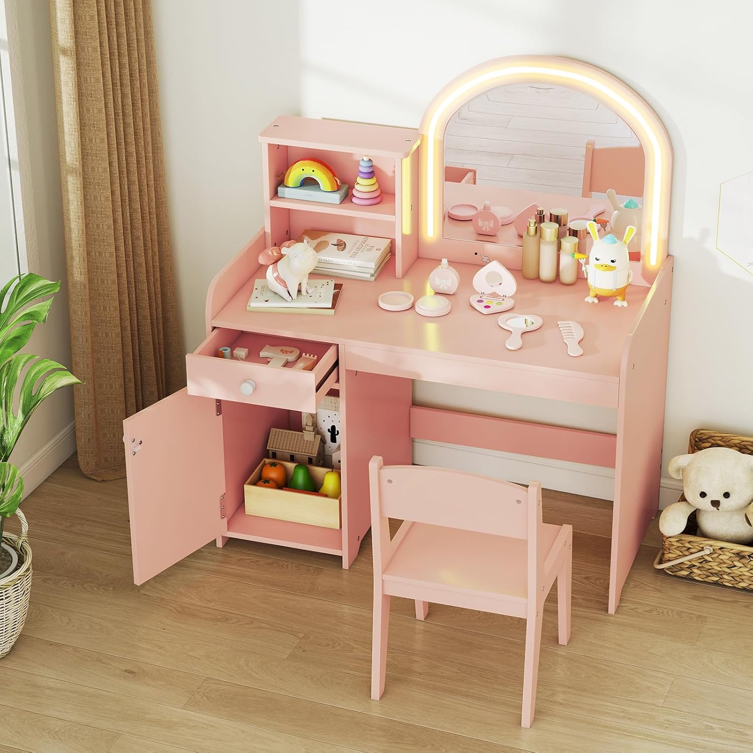 COSTWAY 2 in 1 Kinder Schminktisch Set, Frisertisch mit Hocker, LED-Leuchten, Spiegel, Schrank & Schublade, Kosmetiktisch Schminkkommde mädchen aus Holz für Kinder ab 3 Jahren (Hellrosa)