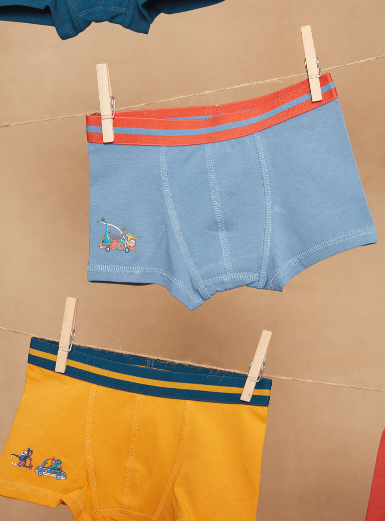 5 boxers bleu, jaune et rouge à imprimé et motif dinoaures