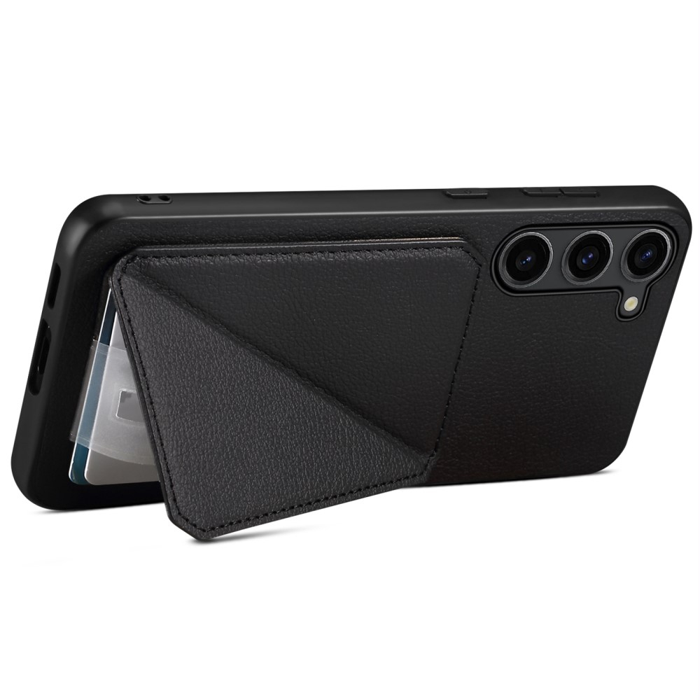 Samsung Galaxy S24  Plus Leder Hülle mit Kartenfach   Origami Kickstand Aufsteller im Litchi Look - Schwarz