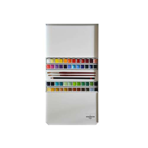 CHARVIN extrafeine Aquarellfarbe 48 x 1/2 Näpf. und 2 Pinsel, Metallkasten
