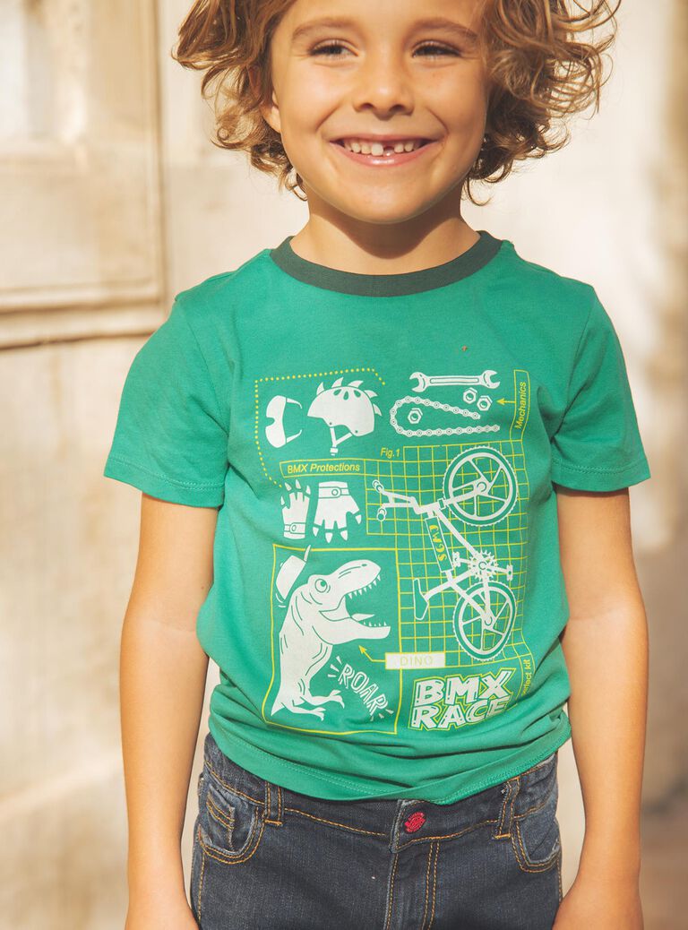 T-shirt vert dinosaure et vélos phosphorescents