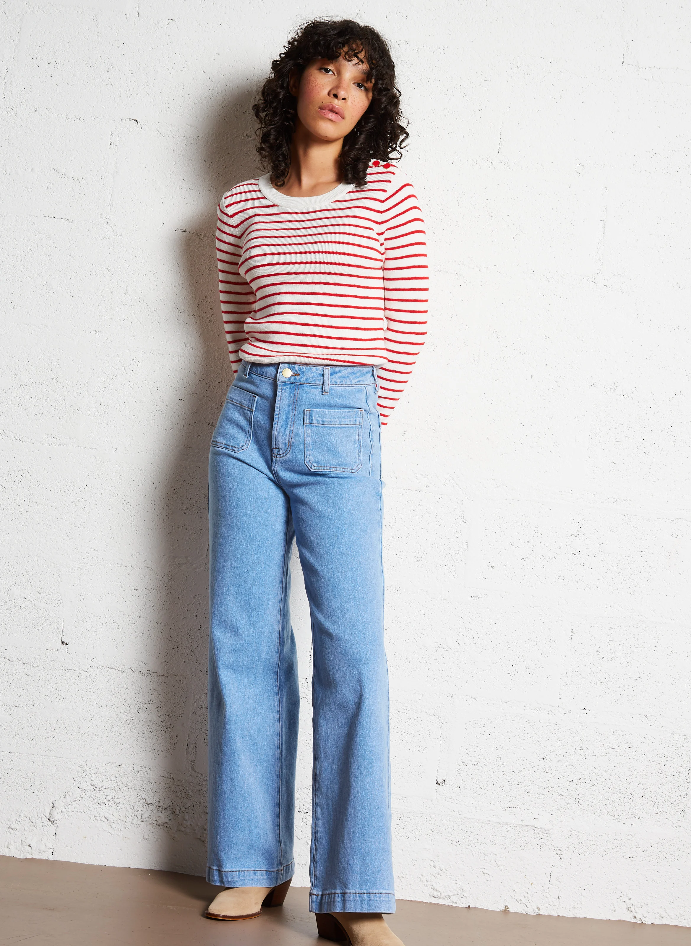 MOLLY - Pull col rond droit en coton rayé | Rose